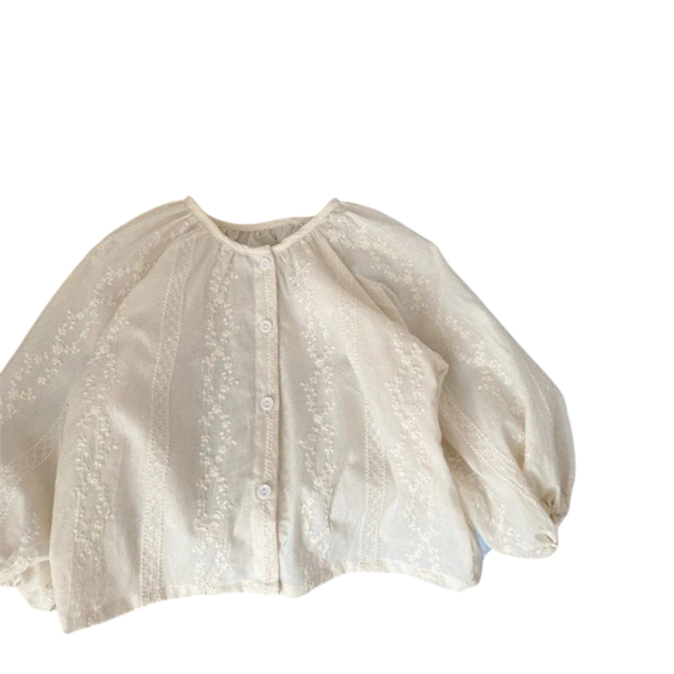 Pigernes efterårstop med lange ærmer, lanterne snit, bomuld, polyester, spandex, sød broderi, O-hals, moderigtig sød top til piger, forskellige farver beige 4