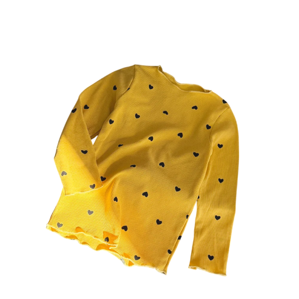 Pigernes efterårstop med lange ærmer, lanterne snit, bomuld, polyester, spandex, sød broderi, O-hals, moderigtig sød top til piger, forskellige farver gul 3