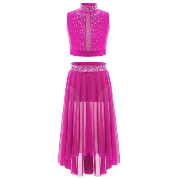 Pigernes todelte danse sæt med sten Kort top med krave og lang tyl nederdel Polyester Til ballet og moderne dans rosa 14