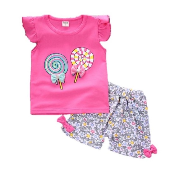 Pigersæt - T-shirt med slikkepinde og shorts med blomster J2493 mørkerosa 3