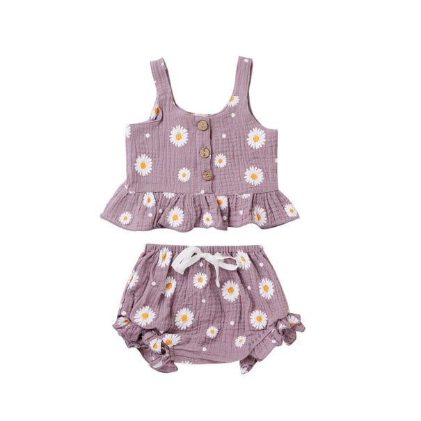 Pigetop og shorts med blomster lyslilla 3