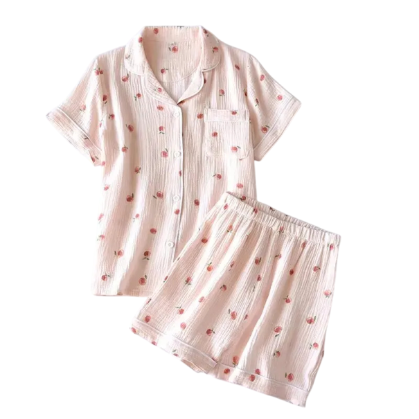 Pigiama da donna in cotone con maniche corte e colletto Completo monocolore con motivo di pesche Camicia con bottoni e pantaloni con tasca rosa S
