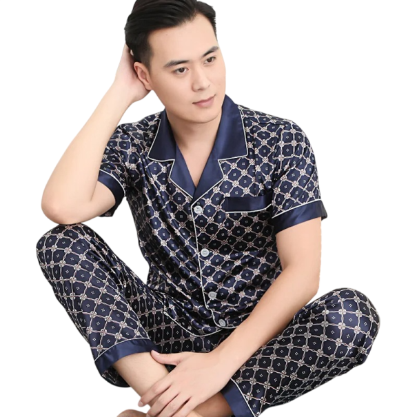 Pigiama da uomo a maniche corte e pantaloni corti con colletto Chiusura con bottoni Tasca Poliestere Blu scuro con ornamenti XS