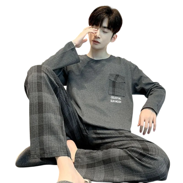 Pigiama da uomo a maniche lunghe e pantaloni a quadri con scollo O in poliestere e spandex grigio comodo con taschino XL