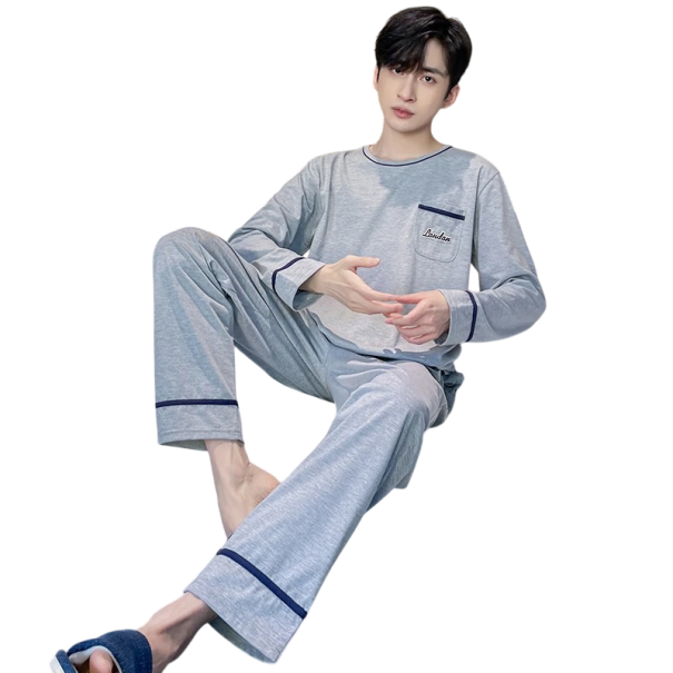 Pigiama da uomo a maniche lunghe e pantaloni Collo a O Poliestere Spandex Grigio pigiama domestico comodo con taschino London XS