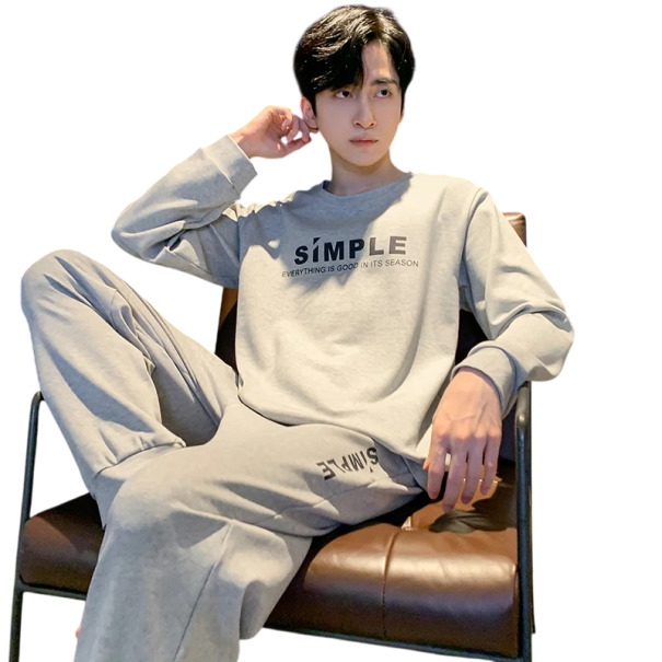 Pigiama da uomo a maniche lunghe e pantaloni con scollo rotondo in poliestere e spandex grigio pigiama minimalista con scritta simple XS