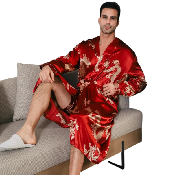 Pigiama da uomo lungo con cintura motivo drago poliestere elastan abbigliamento confortevole per casa da notte e relax rosso M