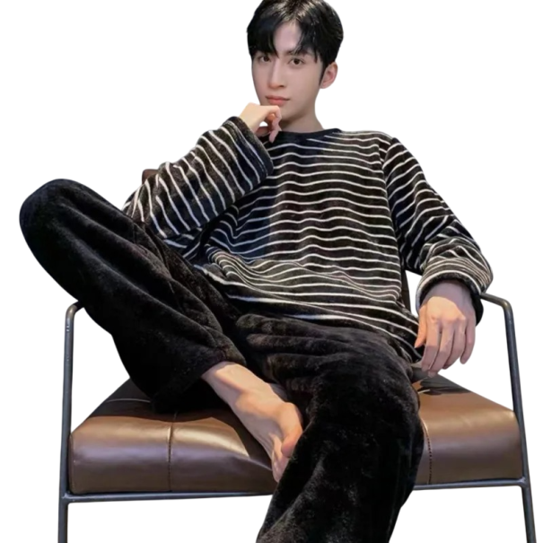 Pigiama da uomo set maglietta a maniche lunghe e pantaloni a righe Taglio comodo Completo due pezzi Poliestere spandex nero S