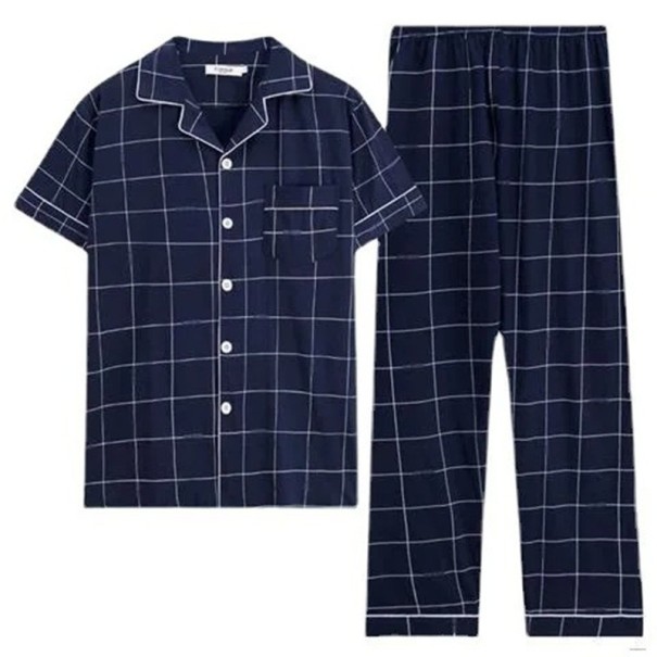 Pijama de hombre tipo camisa con mangas cortas a cuadros en azul oscuro Pantalones con bolsillos Cuello Botones Poliéster algodón XL