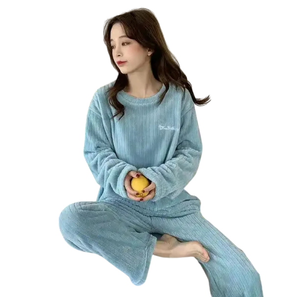 Pijama de Inverno para Senhora em Poliéster e Spandex Conjunto Quente de Cor Sólida com Manga Comprida e Calças Tamanho Único azul