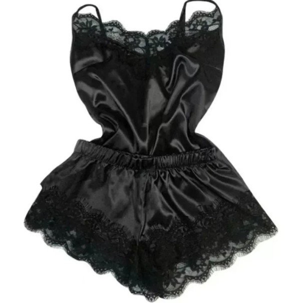 Pijama de satén para mujer con encaje en el dobladillo Top con escote en V y pantalones cortos Conjunto elegante de poliéster en varios colores negro S