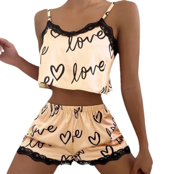 Pijama de satén para senhora com renda nas bordas em cores sólidas com corações e inscrições Love Top com decote em V e calções amarelo L