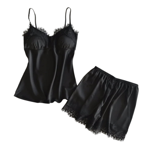 Pijama de satén para senhora Conjunto elegante de uma só cor com renda Top com decote em V e calções Material leve e brilhante Várias cores preto S