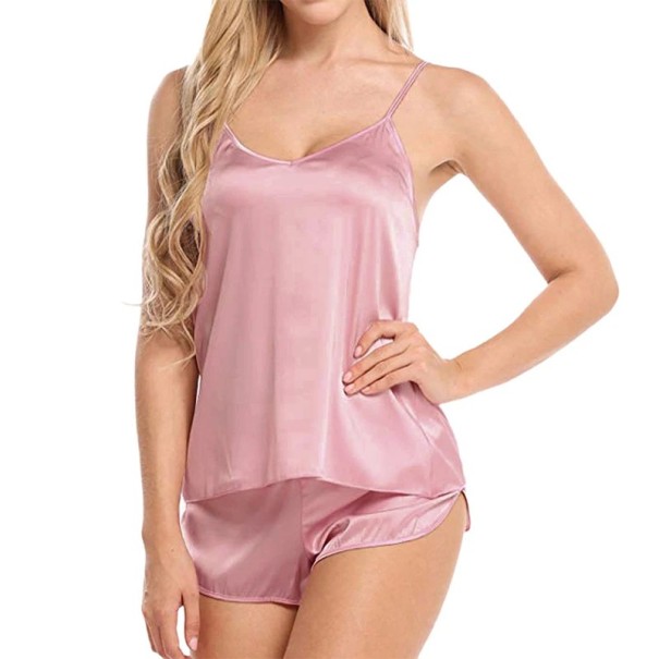 Pijama de veludo para senhora com top e calções Conjunto monocromático com decote em V em poliéster suave em cores elegantes para um sono confortável rosa XS