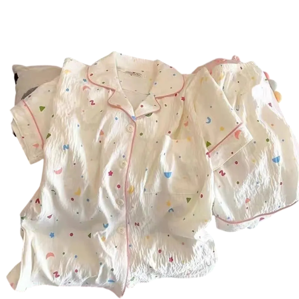 Pijama feminino com padrões coloridos Camiseta branca com colarinho e fecho de botões e bolso no peito e calções de poliéster suave S