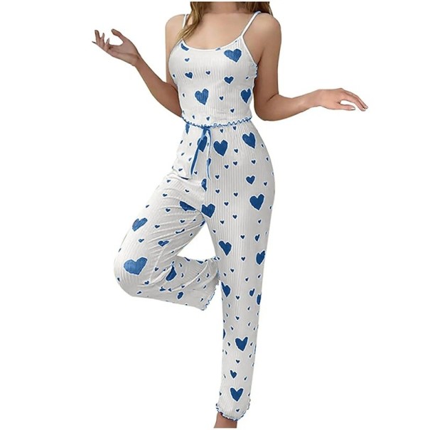 Pijama feminino com top e calças longas Conjunto de uma só cor com padrão de corações em poliéster e spandex Modelo de verão confortável azul L