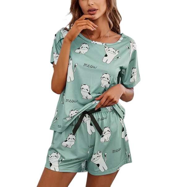 Pijama feminino verde com padrão de gatos e inscrições Meow Camiseta de manga curta e calções em poliéster e spandex Sono confortável S