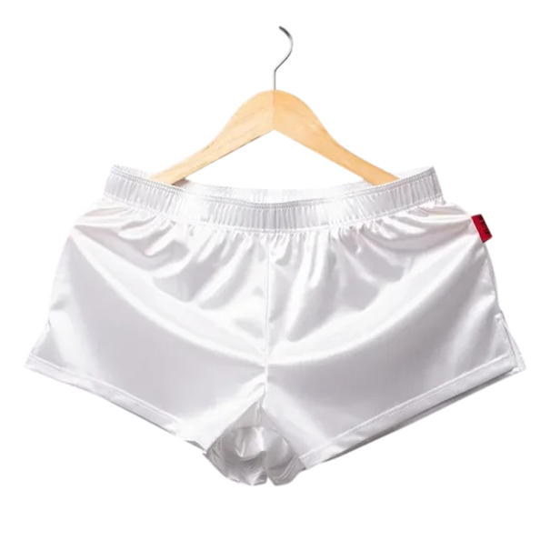 Pijama masculino curto com calções de acetato material liso e brilhante com cintura elástica corte solto confortável para uso doméstico e dormir branco S