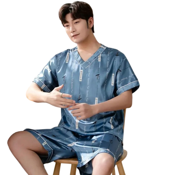 Pijama masculino de manga curta e calções leve material poliéster elastano azul para uso doméstico e sono L