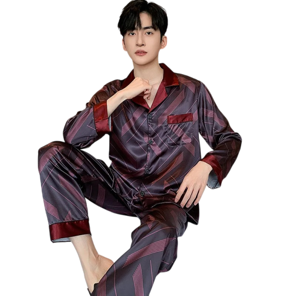 Pijama masculino de manga longa e calças com colarinho Fecho de botão Bolso Poliéster Vinho roxo com ornamentos M