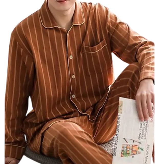 Pijama para hombre set camiseta de manga larga y pantalones Cierre de botones Bolsillo Cuello Rayado Marrón Poliéster algodón XS