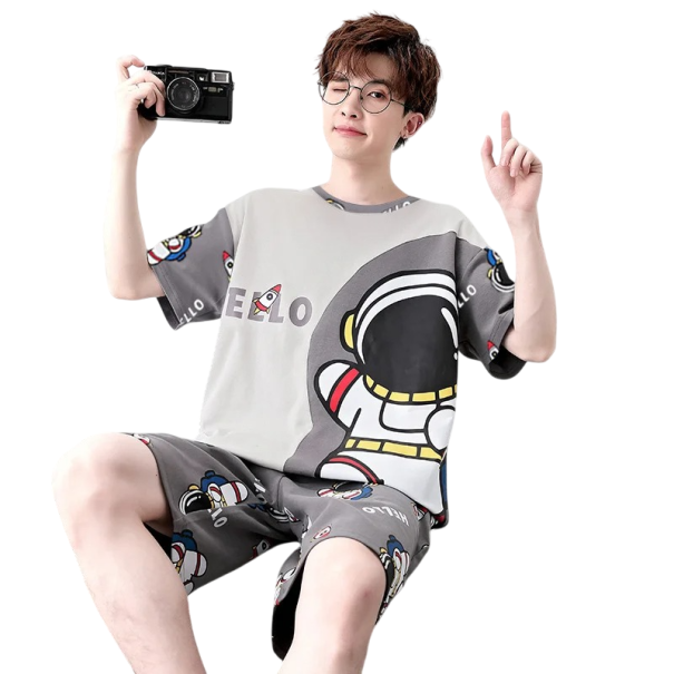 Pijama para hombres set camiseta de manga corta y pantalones cortos grises con estampado de astronauta y cohetes conjunto de verano poliéster spandex L