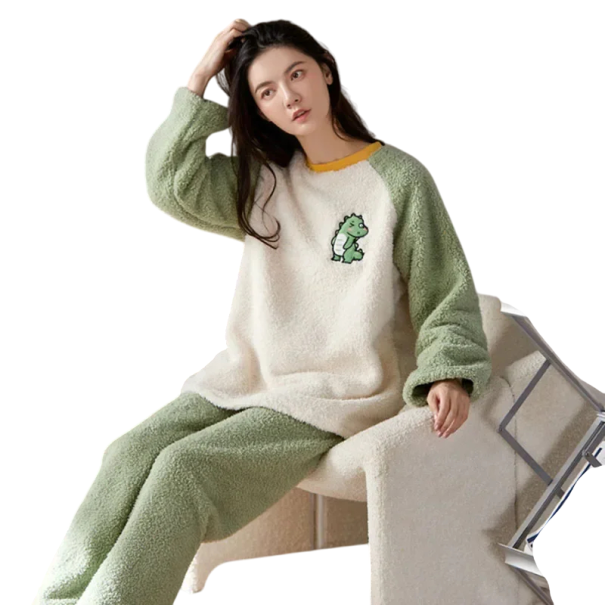 Pijamale de iarnă din pluș pentru femei cu motiv de broască Tricou cu mânecă lungă și pantaloni din poliester moale și spandex Culoare verde S