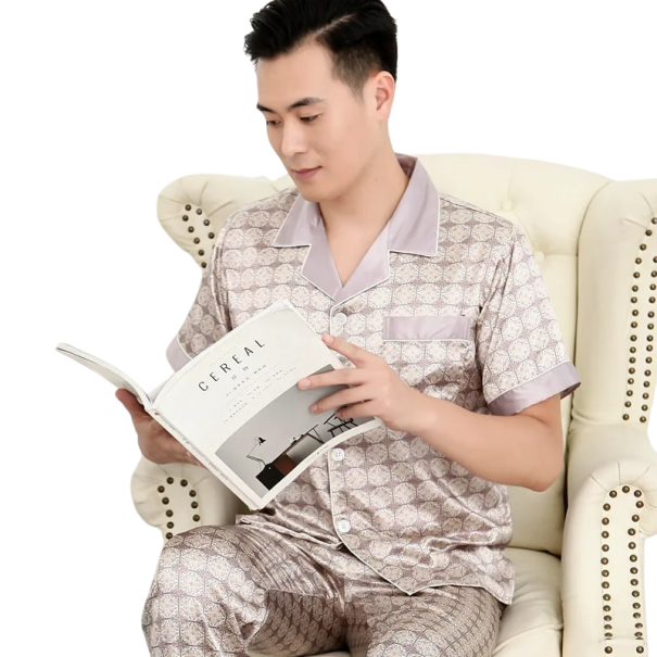 Pijamale pentru bărbați cu mânecă scurtă și pantaloni scurți cu guler închis cu nasturi Buzunar Poliester Lila deschis cu ornamente S