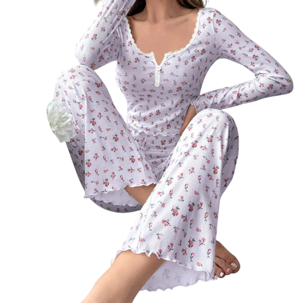 Pijamale pentru femei cu mânecă lungă și pantaloni Set uniform de culoare solidă cu model floral din poliester și spandex în diverse culori elegante violet M