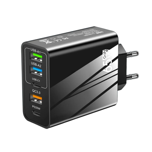 Pikalaturi 65 W:n matkasovitin 3 × USB A- ja 2 × USB C -porttia PD-latauspää 100–240 V, lataa 5 laitetta samanaikaisesti musta