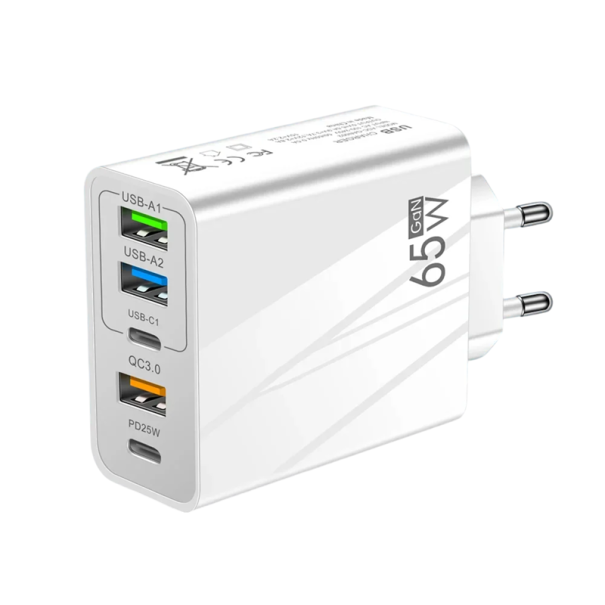 Pikalaturi 65 W:n matkasovitin 3 × USB A- ja 2 × USB C -porttia PD-latauspää 100–240 V, lataa 5 laitetta samanaikaisesti valkoinen