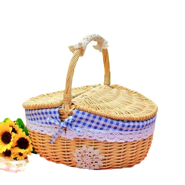Piknikový prútený košík s viečkom 25 x 18 x 14 x 13 cm prútený úložný koš s rúčkou na piknik a prenášanie potravín modrá