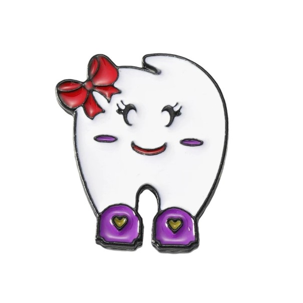 Pin de broche diente con lazo y zapatos insignia metálica blanca para ropa mochila bolso complemento motivo dibujado de diente con detalles 1