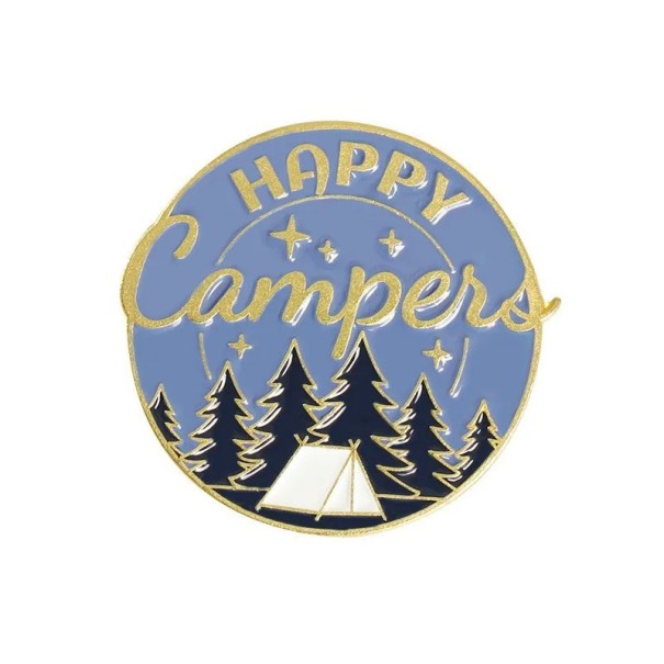 Pin de solapa Happy Camper con motivo de tienda, bosque, estrellas, redondo, metálico, azul, dorado, accesorio para mochila, ropa, senderismo, camping 1