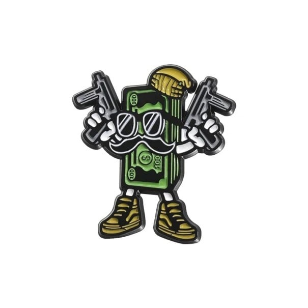 Pin émaillé en forme de billet avec personnage portant des lunettes et des pistolets, environ 2,5 × 2,8 cm, broche en métal, insigne vert et noir 1