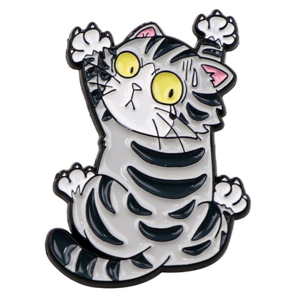 Pin esmaltado de gato com motivo desenhado aproximadamente 2,3 × 3,3 cm emblema metálico preto e branco com detalhes amarelos acessório para mochila lapela de roupa 1