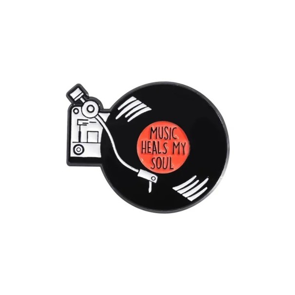 Pin smaltat gramofon Music Heals My Soul cca 2,3 × 3 cm broșă metalică negru-roșie retro insignă pentru rever rucsac 1