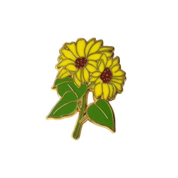 Pin smaltato con fiori gialli e foglie, spilla botanica, distintivo metallico, motivo floreale giallo verde, accessorio per zaino, risvolto, abbigliamento 1