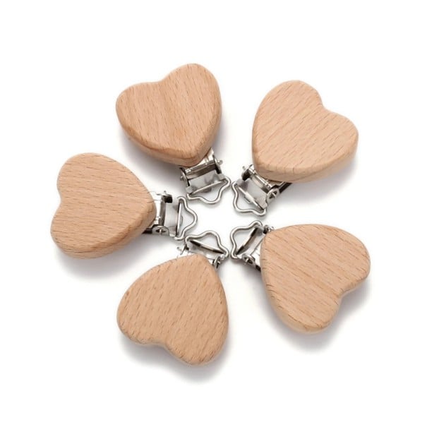 Pince à tétine en bois en forme de cœur 5 pcs Bois naturel avec clip en métal Support pour tétine pour bébés et nourrissons À fixer sur les vêtements 1