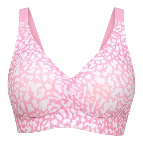 Pink and White Seamless Non-Wired Bra with Leopard Print and V-Neck with Moulded Cups and Wide Straps XXL