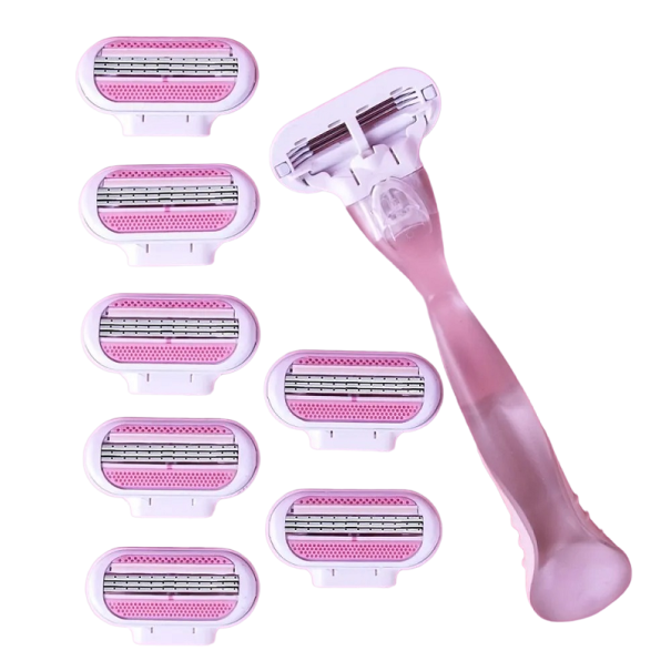 Pink barberkniv til kvinder med otte udskiftningshoveder. Damebarberkniv til ansigt, arme, ben, armhuler og bikinilinje. Hårfjerning til kvinder. 1
