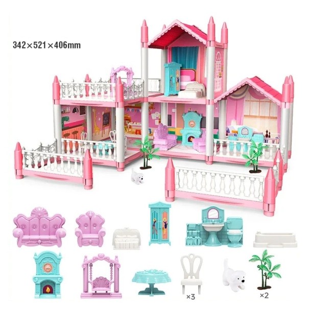 Pink Dollhouse 342 x 521 x 406 mm Five-Room Plastic House with Furniture Dog Trees and Accessories Large Family House for Children 1