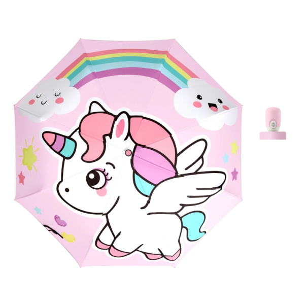 Pink Folding Umbrella with Unicorn and Rainbow Children's Lightweight Umbrella Against Rain Compact Travel Umbrella for School and Nursery 1