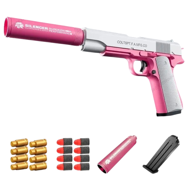 Pink Manual Airsoft Pistol with Silencer – Safe Weapon for Children and Adults, 8 Soft Bullets, Ideal for Accuracy Training and Fun 1
