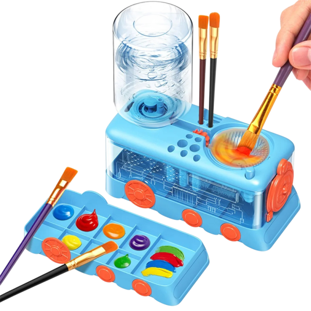 Pinselreiniger mit Farbpalette Behälter 400 ml und Knopf zum Wasserablassen Größe 18,5 x 9 cm blau