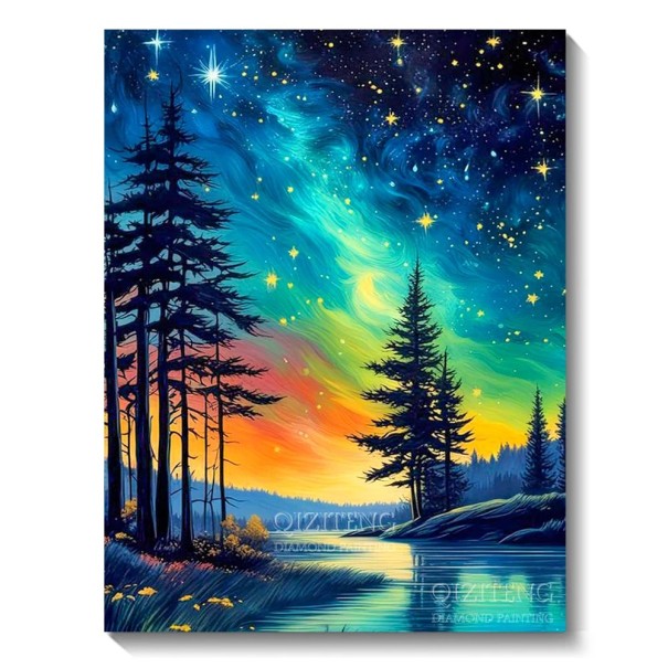Pintura de diamante 5D de 30 x 40 cm, aurora nocturna sobre bosque y lago, mosaico bordado, kit de bricolaje, diamantes de imitación redondos completos, decoración hecha a mano, regalo 1