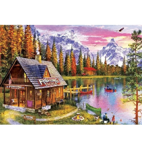 Pintura de diamante 5D DIY, 30 x 40 cm, cabaña de pesca junto al lago, paisaje forestal, paisaje de montaña, diamantes de imitación redondos, bordado, decoración, regalo 1