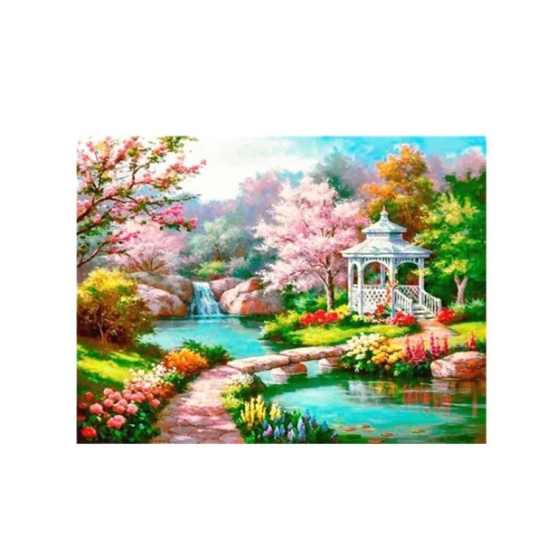 Pintura de diamante 5D DIY, 30 x 40 cm, jardín de primavera con cenador, bordado de diamantes de imitación redondos, decoración de paisaje hecha a mano, regalo 1