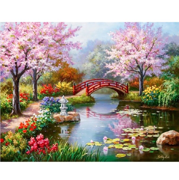 Pintura de diamante 5D DIY, 30 x 40 cm, jardín japonés con puente, paisaje de diamantes de imitación redondos, bordado, arte hecho a mano, decoración del hogar 1