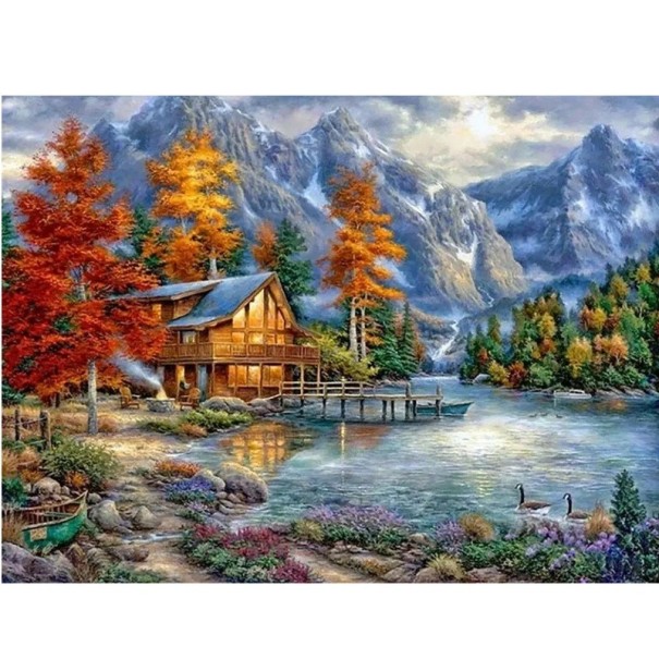 Pintura de diamante 5D DIY, 30 x 40 cm, paisaje de montaña otoñal con cabaña de madera, bordado de diamantes de imitación redondos, punto de cruz, decoración, regalo 1